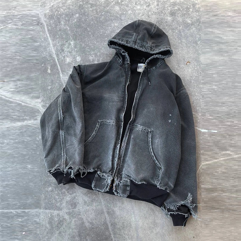 Custom High Quality Acid Washed Vintage Faded Distressed Sweatshirt 500gsm Hoodie Hooded Zip up Denim Puff Sleeve Jacket Hoodie