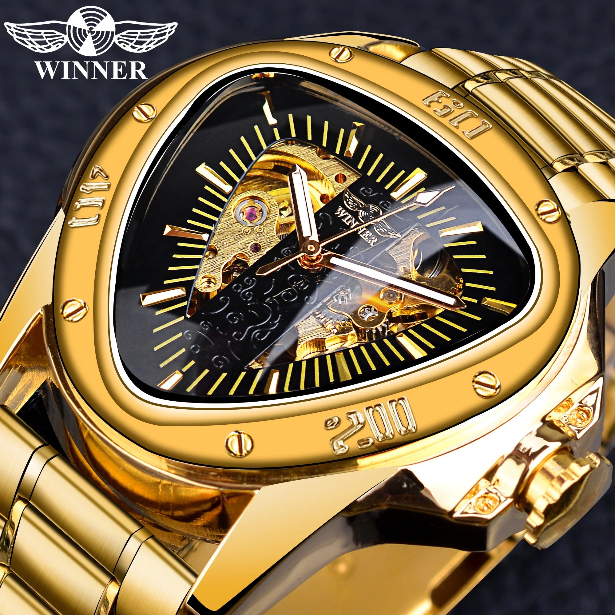 Winner  Mechanical Watch Triangle Men Automatic Irregular Golden Luxury Stainless Steel  Outdoor Watches