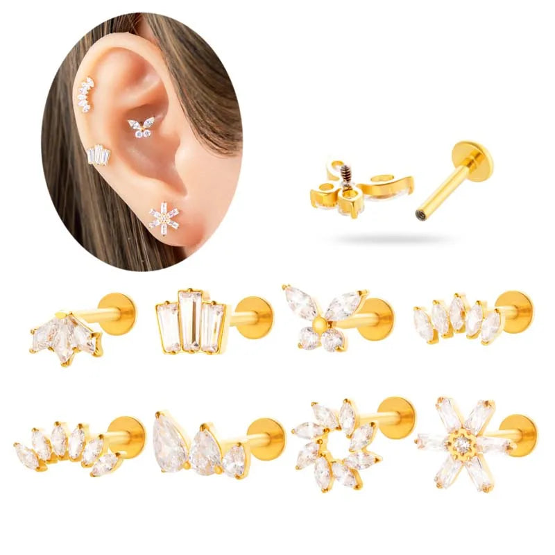 HENGSEN ASTM F136 Titanium Jewelry Marquise Butterfly Garland Internally Threaded Flat Back Titanium Earring Piercing Jewelry