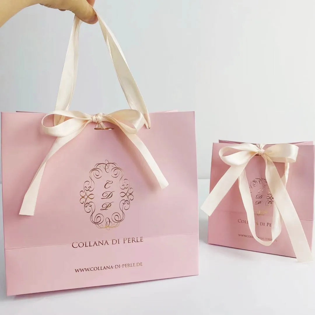 Custom Logo Pink Paper Rose Gold Foil Printed Shopping Packing Ribbon Handle Bag for Gift Business