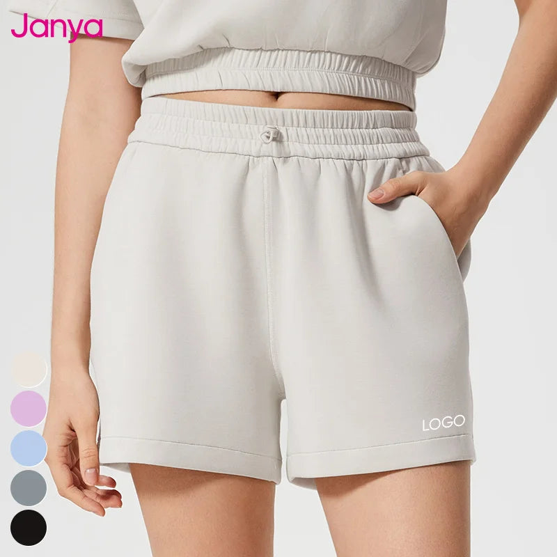 Janya High Waist Fitness Shorts Women Loose Drawstring Waistband Side Pockets Casual Gym Running Sports Summer Fabric Washed