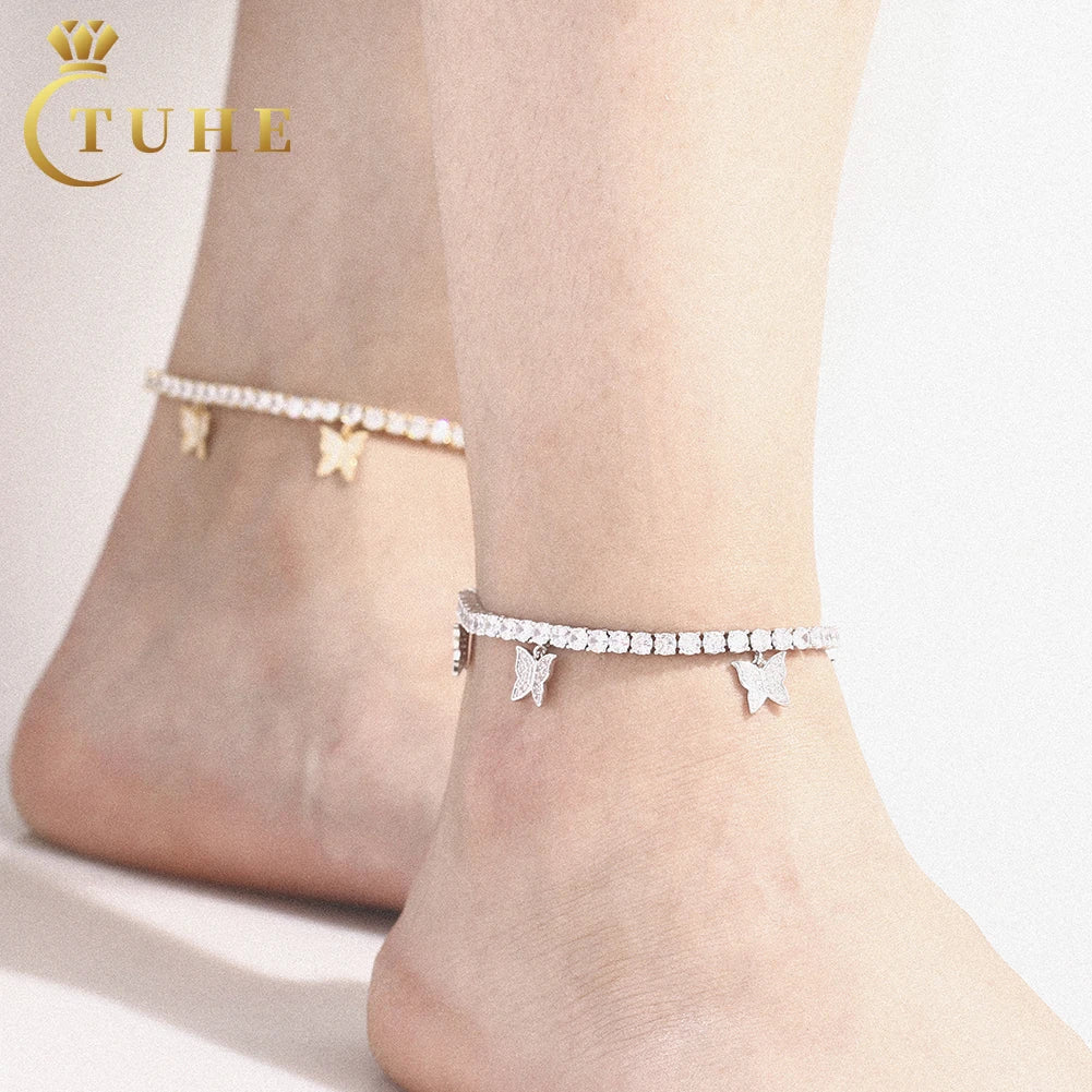 Fashion Women Jewelry Femme 4mm White Gold Plated Brass AAAAA CZ Diamond Tennis Bracelet Anklet With Buttfly Charm