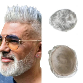 Nature Hairline Indian Hair 100% Human Hair Color #60RY All Hand Made Full French Lace Body Wave Toupee Grey Hair Men Sinoland