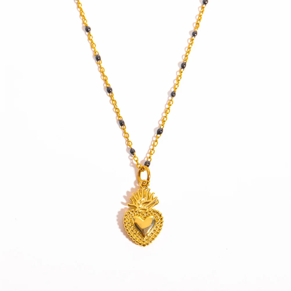 Stainless Steel Jesus Heart Necklace Colorful Beaded Chain Clavicle Vintage 18K Gold Heart Pendant Necklace Jewelry