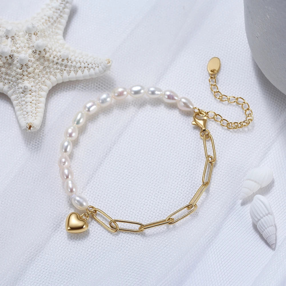 RINNTIN GPB17 Fine Jewelry 925 Sterling Silver Gold Plated Half Pearl Half Paper Clip Chain Bracelet Heart Pendant Bracelet