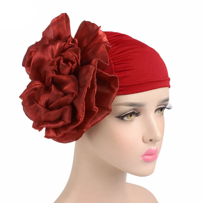 Wholesale Custom Logo Muslim 3D Flower Turban Grande Fascinate Girls Hijab Head Hat Turban Big Flower Turban Cap for Women