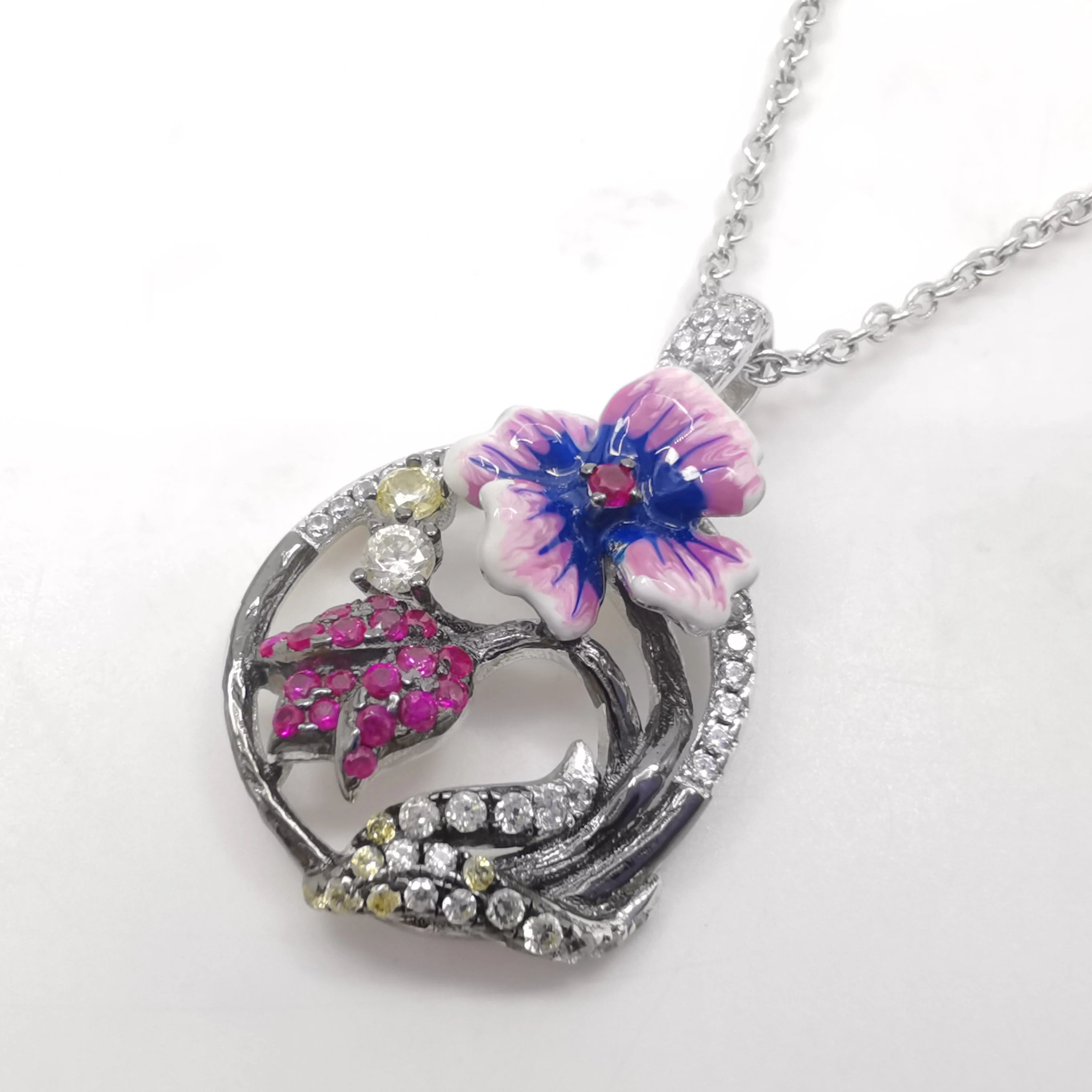 New Design Custom Jewelry Enamel Flower 925 Sterling Silver Nano Corundum Cz Zirconia Pendant
