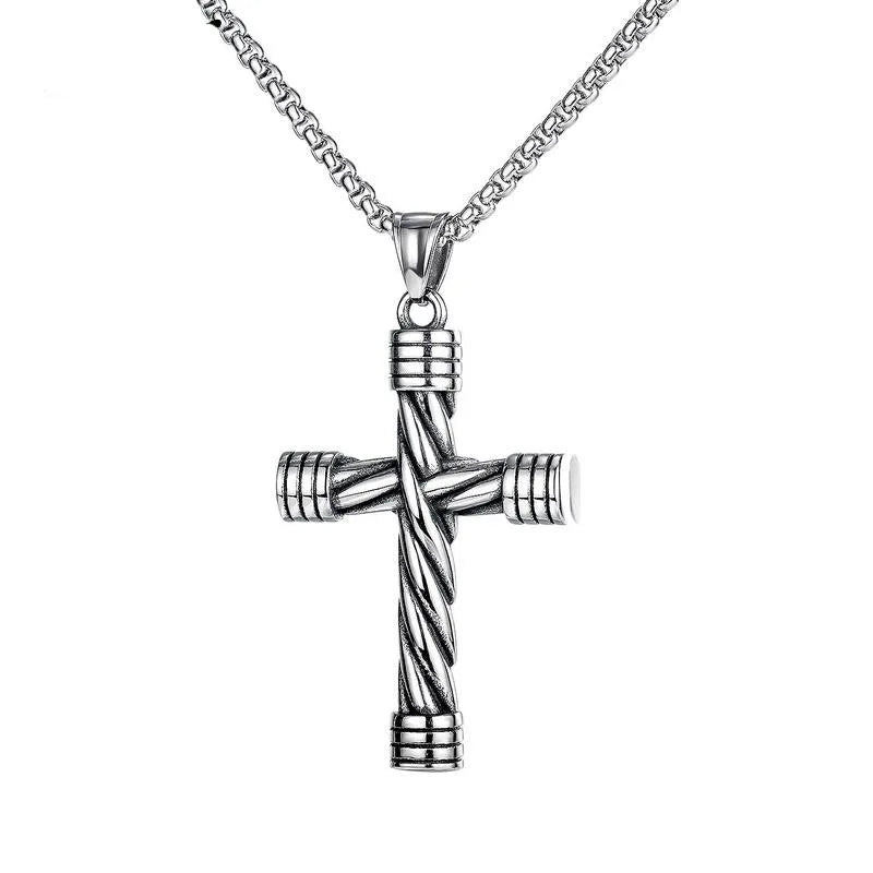 Hip Hop Jewelry Accessories for Men Personality Vintage Twist-shaped Cross Pendant Necklace Silver Steel
