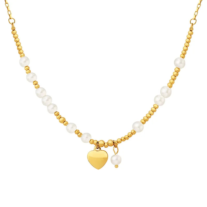 Stainless Steel Gold Plated Beads Chain Titanium Steel PVD Imitation Pearl Heart Choker Necklace Link Chain for Gift