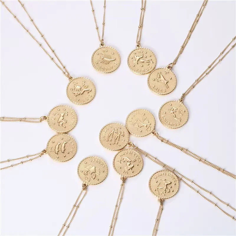 YF2485 Fashion Waterproof Jewelry 18K PVD Gold Plated Stainless Steel Coin 12 Constellations Pendant Necklaces