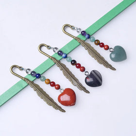 Wholesale Raw Stone Bookmark Assorted Antique Copper Metal Bookmarks With 7 Chakra Crystal Heart Hanging Pendant