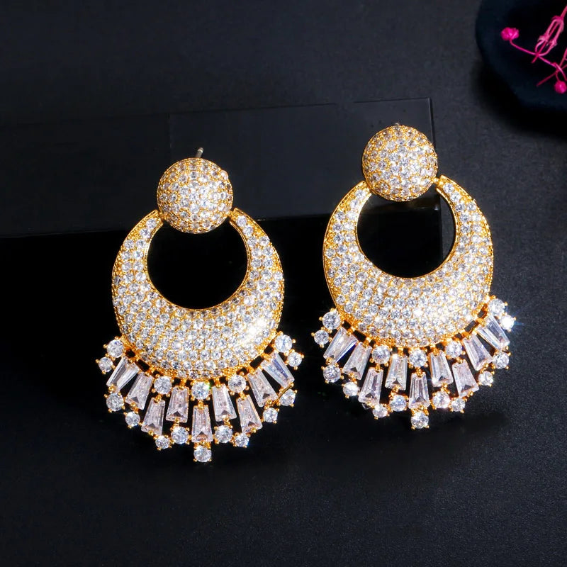 Luxury Geometry Round Full Micro Pave Cubic Zirconia Three Tone Gold Plated Big Women Wedding Earrings Engagement Party Jewelry