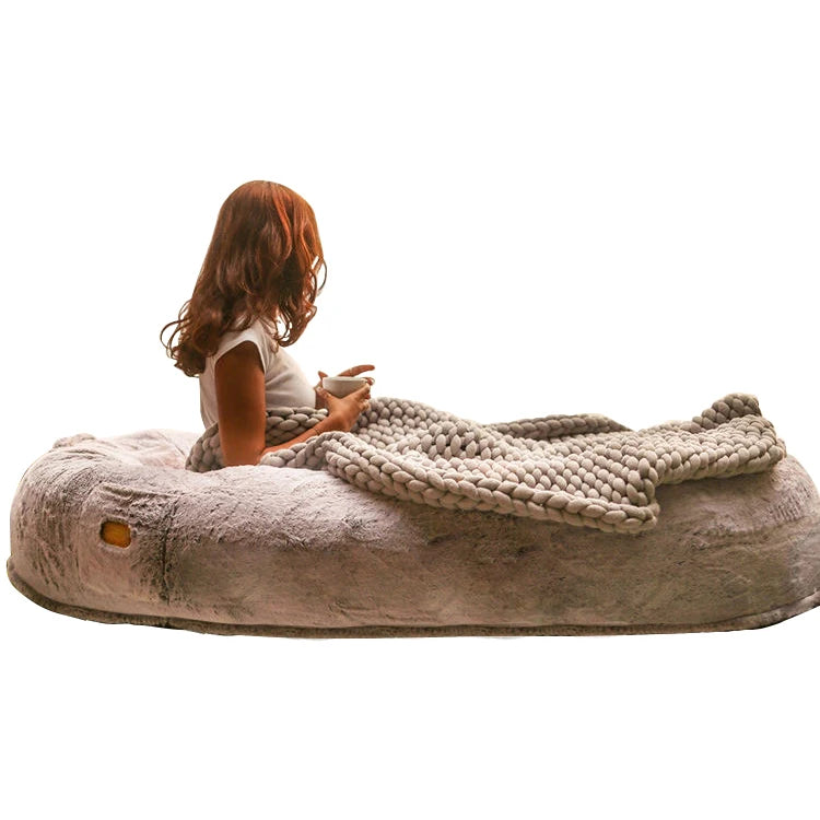 New Version Fluffy Large Oval Dog Bed with Memory Foam Faux Fur Anti-Anxiety Warm Sleeping Human Size