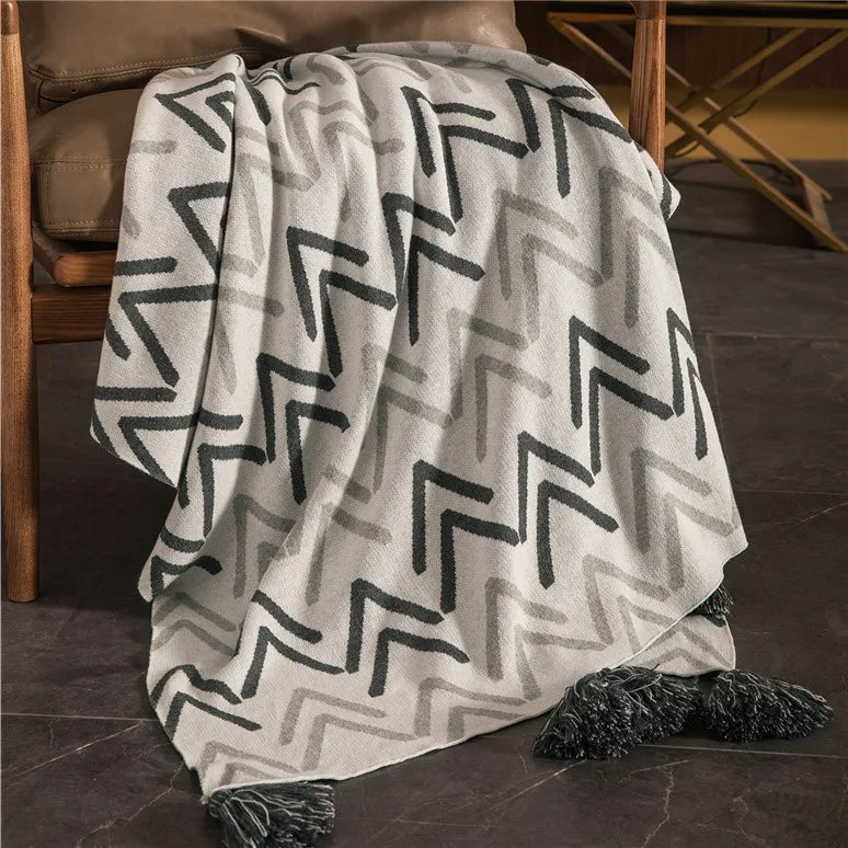 BLK Geometric Fringe Tassel 100% Cotton Knitted Throw Blanket for Home Sofa