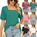Women Fashion T-shirt Solid Color Square Collar Pleated Short Sleeve Puff Sleeve Women's Base Shirts Wholesale