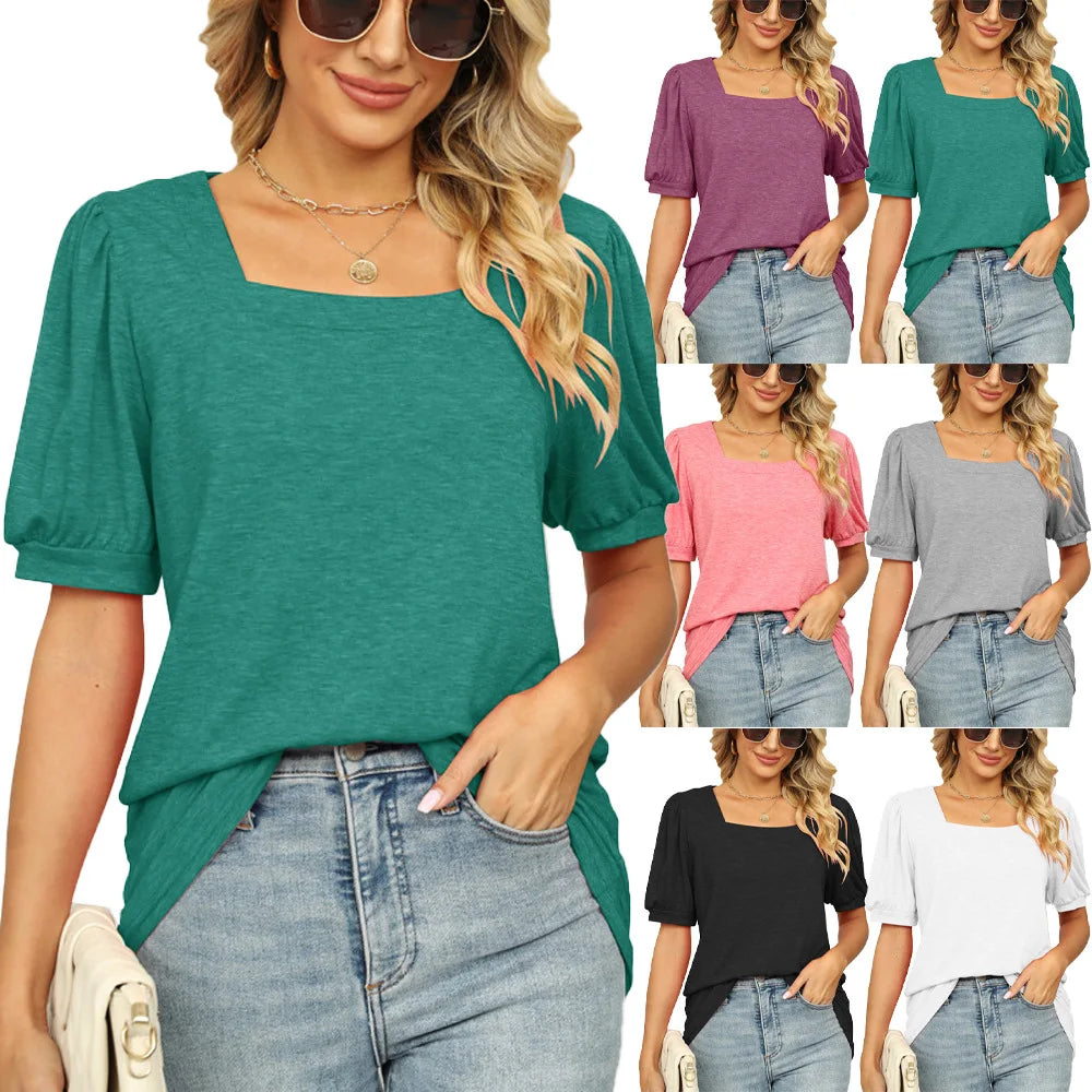 Women Fashion T-shirt Solid Color Square Collar Pleated Short Sleeve Puff Sleeve Women's Base Shirts Wholesale