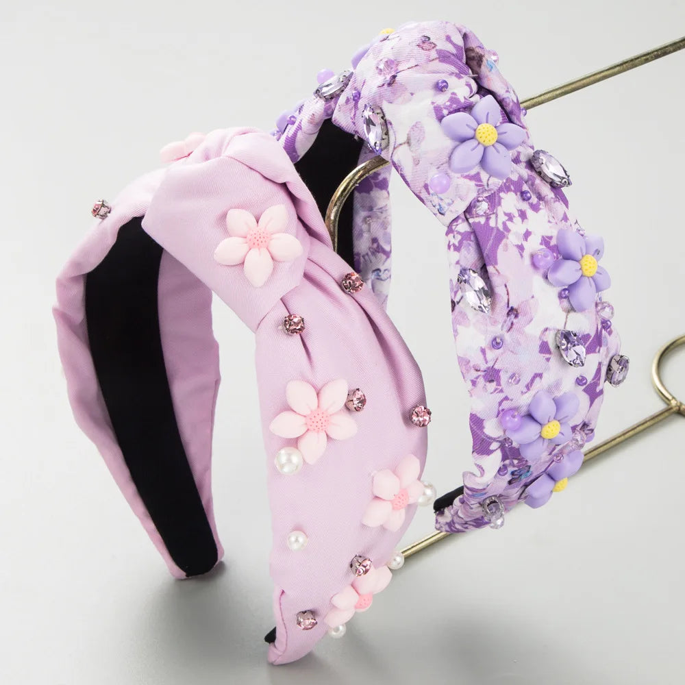 New Hand-sewn Rhinestone Pearl Headband Tie-dye Fabric Flower Accessories Decorative fairy Hair Accessories Wholesale