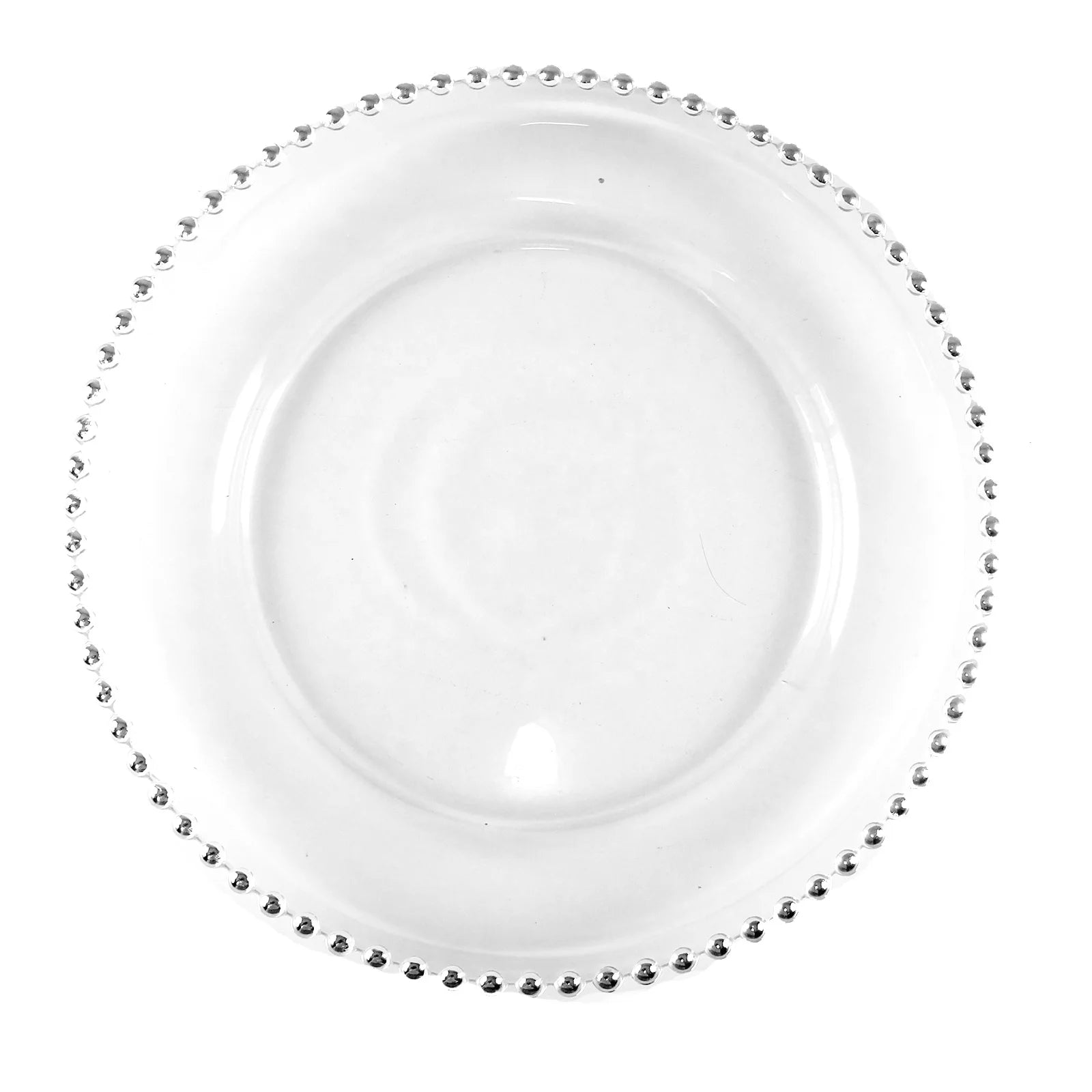 13\" Eco-Friendly Clear Crystal Glass Charger Plate Silver Beads Tabletop Decoration for Birthday Banquets and Weddings