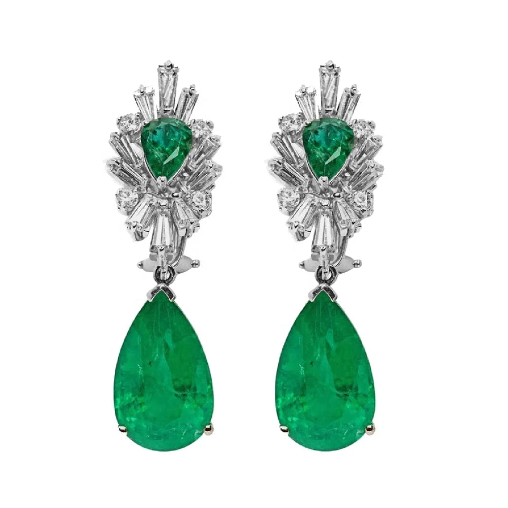 Luxury 925 Silver Jewellery Big Emerald Fusion Tear Drop Gems Baguette Around Wholesale Green Earrings Women