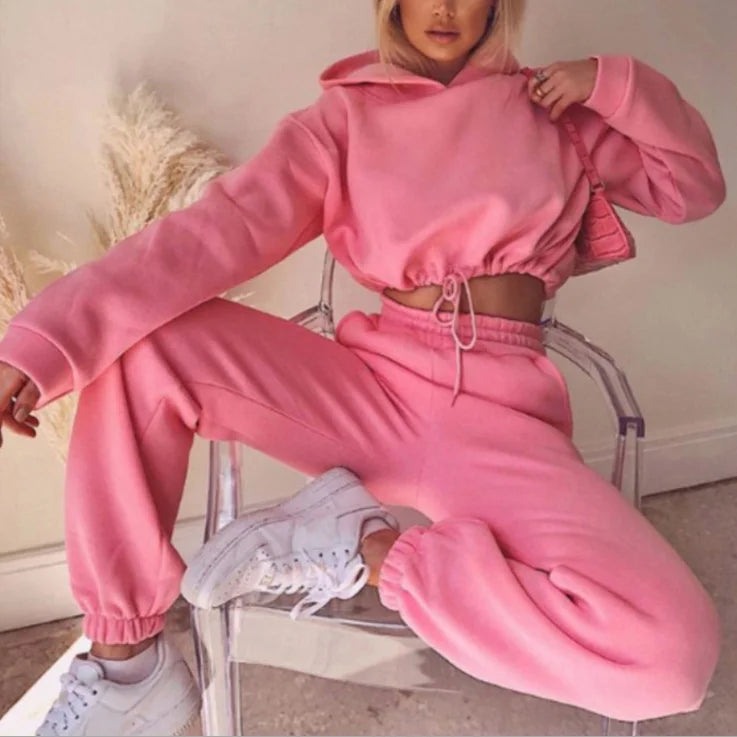 In Stock Women's Fitness Tracksuit Set Warm Long Sleeve Casual Crop Top Hoodie & Sweatpants Sportswear