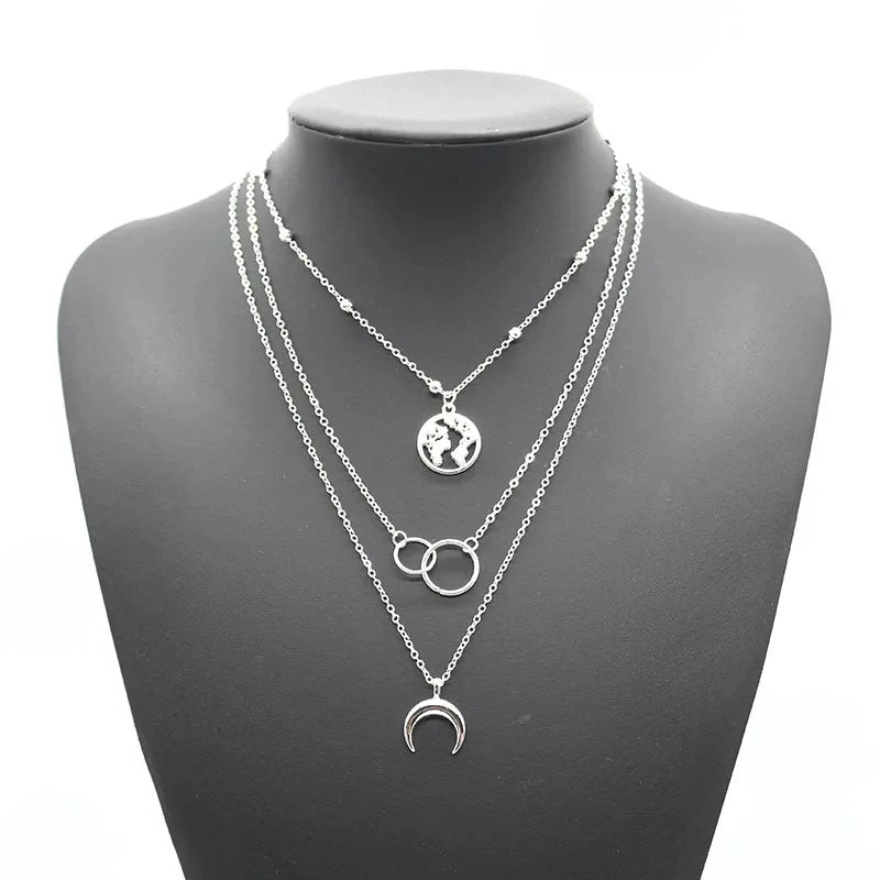 Wholesale Bohemian Necklace Fashion Pendant Multi-layer Style Moon Map Necklace for Women Jewelry Party Friend Gifts