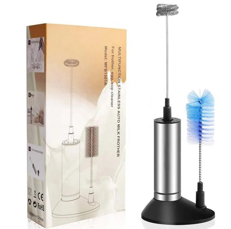 Double Spring Whisk Head Milk Frother Electronic Coffee Electric Milk Frother with Base Brush