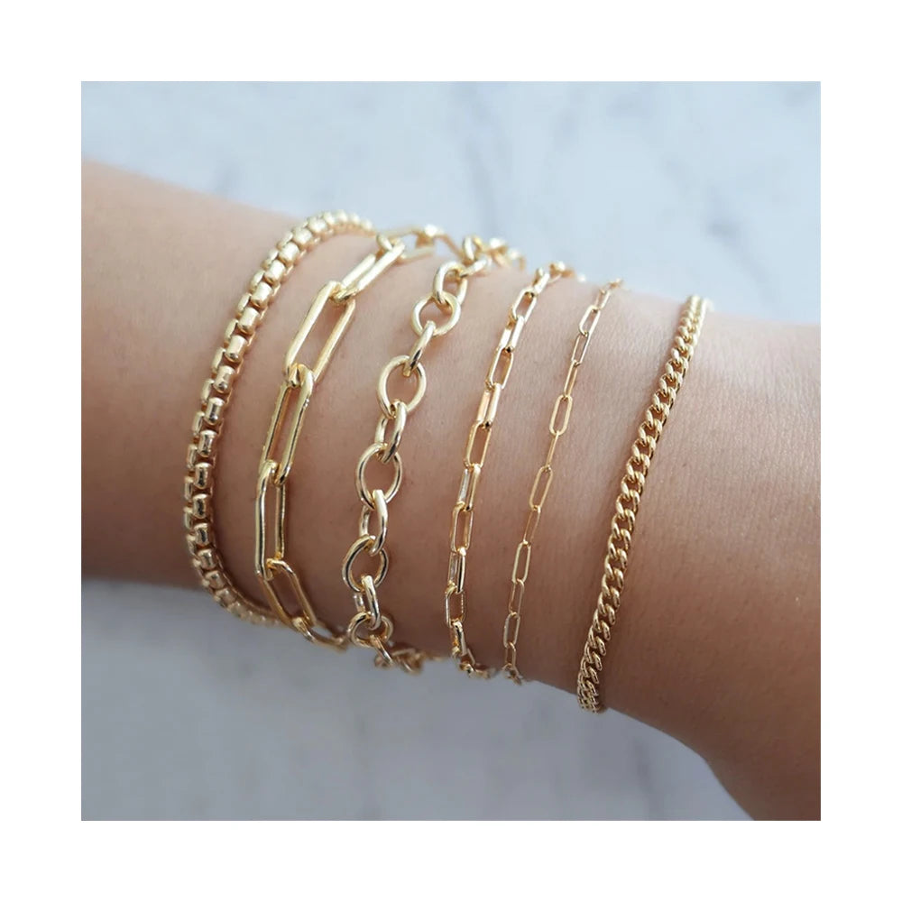 2024 Custom Women Simple Stainless Steel 18k Gold Filled Link Chain Layered BraceletRectangle Paper Clip Chain Bracelets