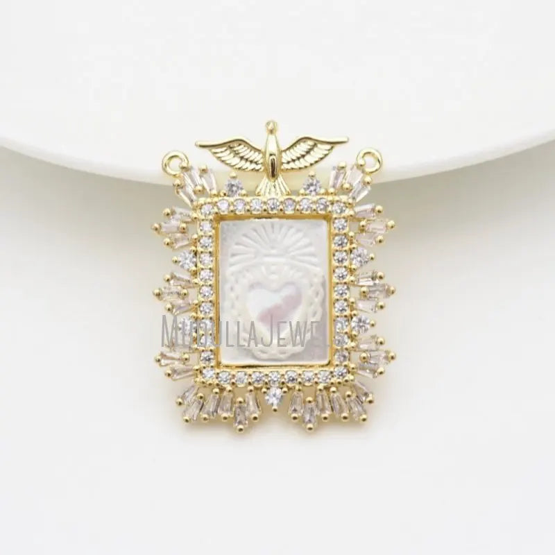 PM43443 Bird Eagle Sacred Catholic Heart Amulet Spiritual Religious Pendant Gold Plated Carved Mother of Pearl Jewelry Charm
