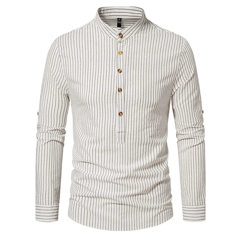 RNSHANGER Stand Collar Pullovers Shirts for Men New Long Sleeve Striped Casual Spring Breathable Trends Male Loose Shirts