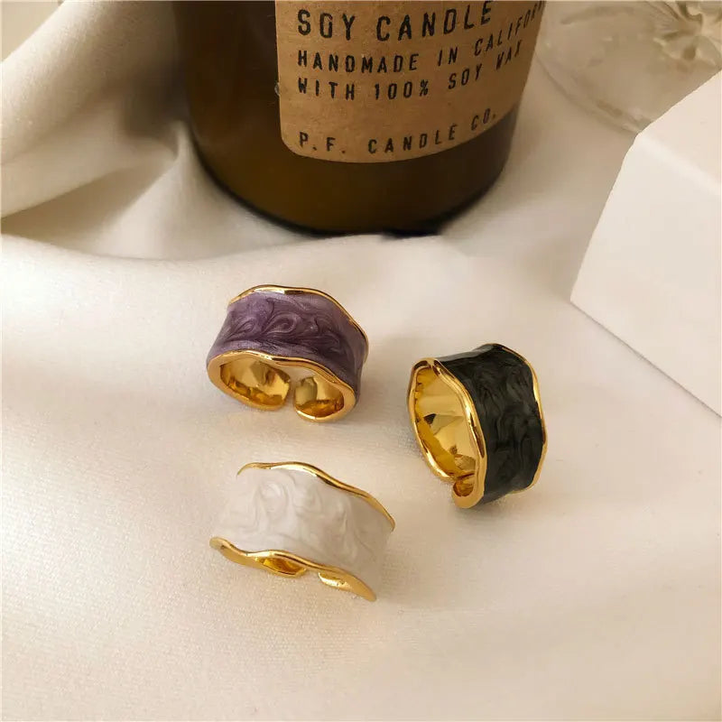 Korean Fashion Gold Plated Geometric Irregular Rings Adjustable Size Purple Black White Enamel Rings for Women Girls