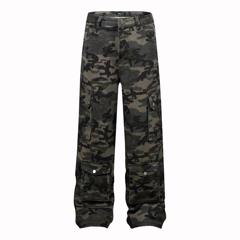 Wholesale Baggy Jeans High Street American Functional Style Camouflage Denim Multiple Pockets Mens Wide Leg Jeans