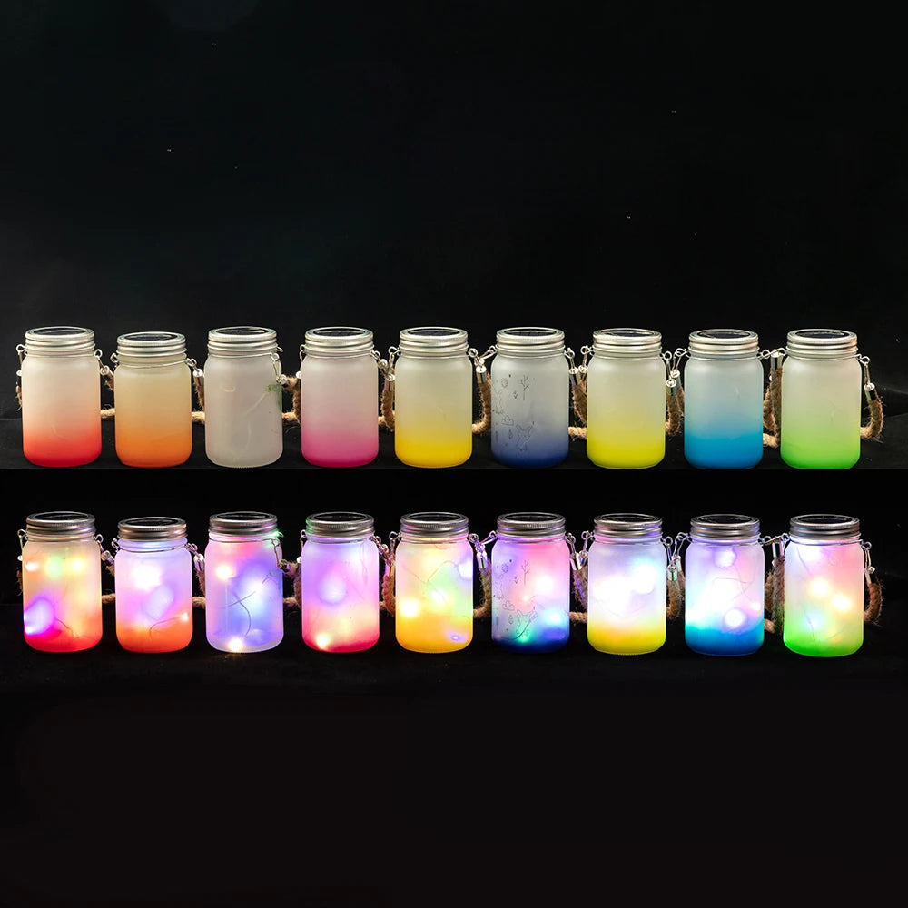Topjlh New Arrivals Hanging Fairy Lights Sublimation Solar Blanks Clear Glass Mason Jar Lanterns With Hemp Rope Handle