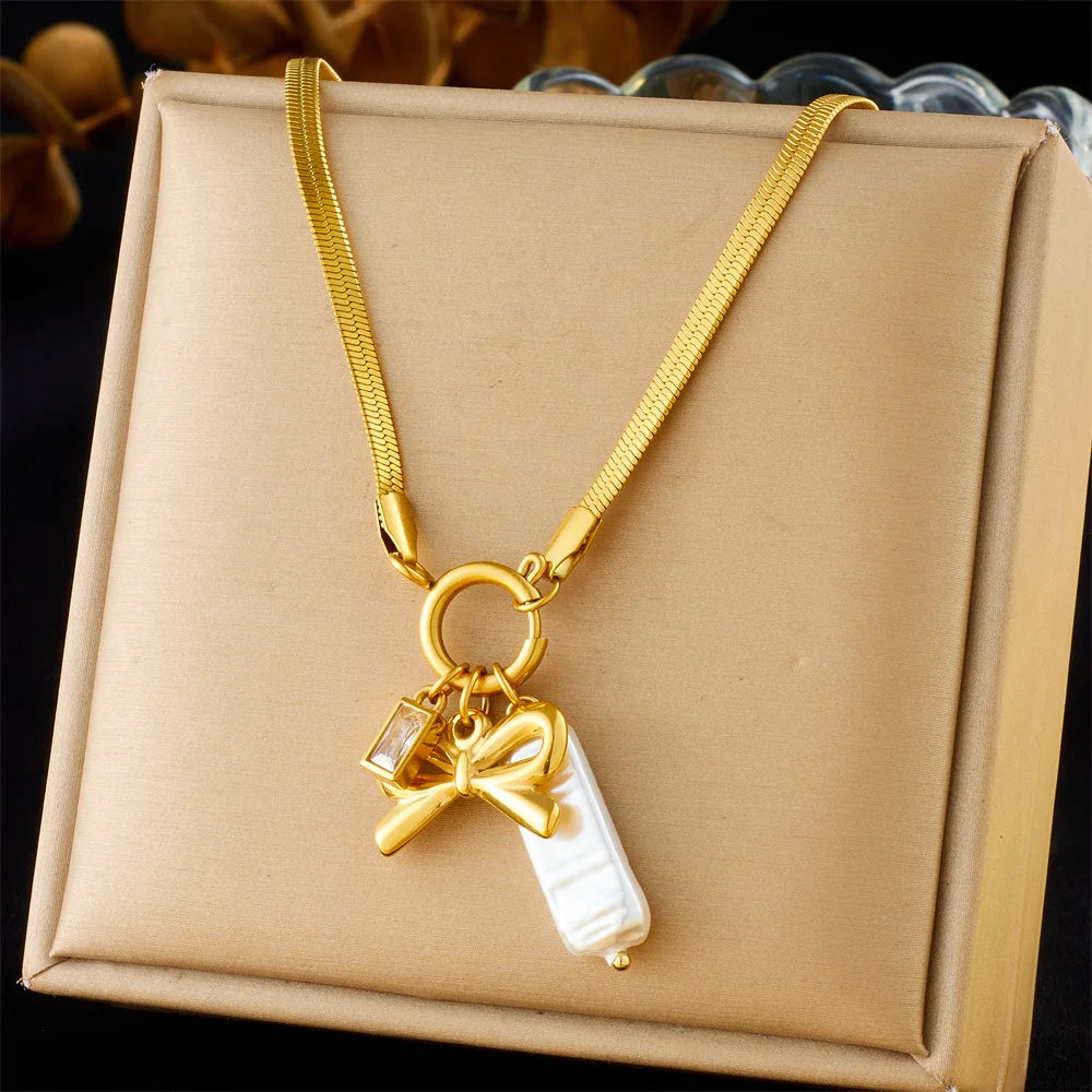 Trendy New Tarnish Free Stainless Steel Snake Chain Heart Bow Pearl Pendant Necklace 18k Pvd Gold Pendant Necklace for Women