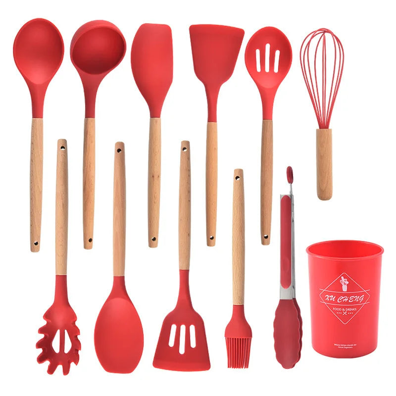 Wholesale 12Pcs Set Eco-Friendly Silicone Kitchenware Accessories Tongs Kitchen Utensils Wooden Handle
