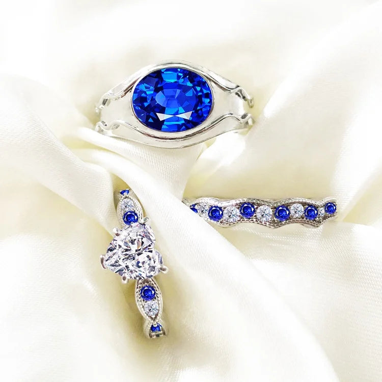 Fashion Couple Ring Sets Love Heart and Oval Zircon Sapphire Wedding Ring Set Men Women Engagement Promise Party Couple Jewelry