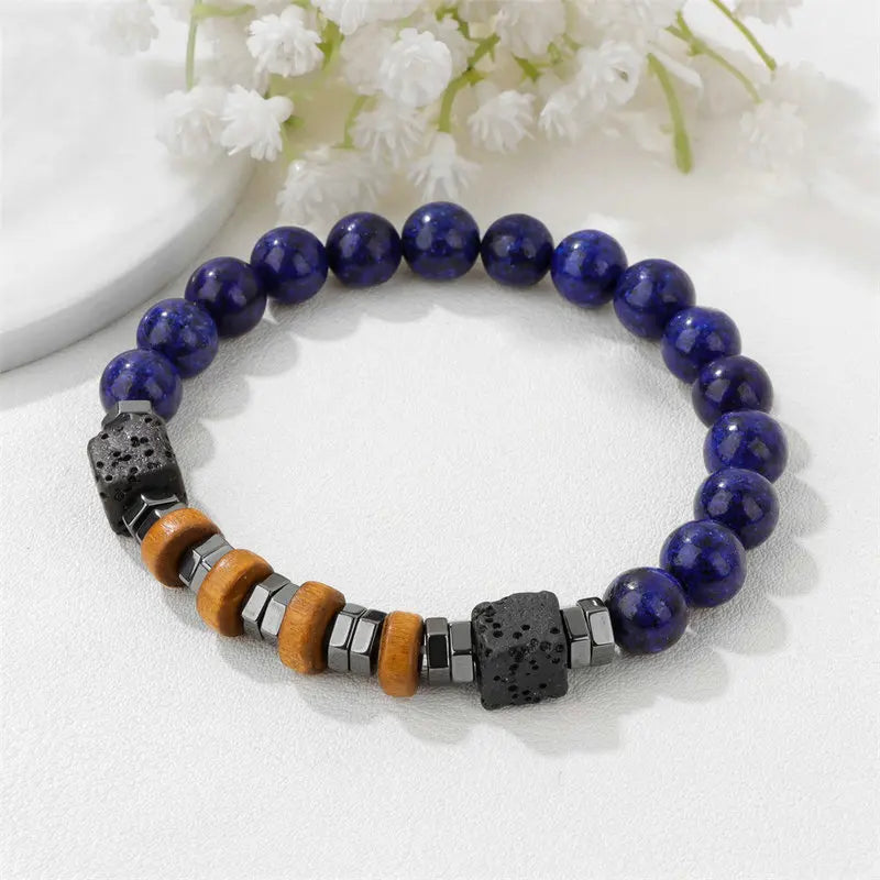 Retro 8mm Lapis Lazuli Stone Bracelets for Men Unique Geometric Design Anxiety Healing Wood Beaded Bracelet Business Gifts