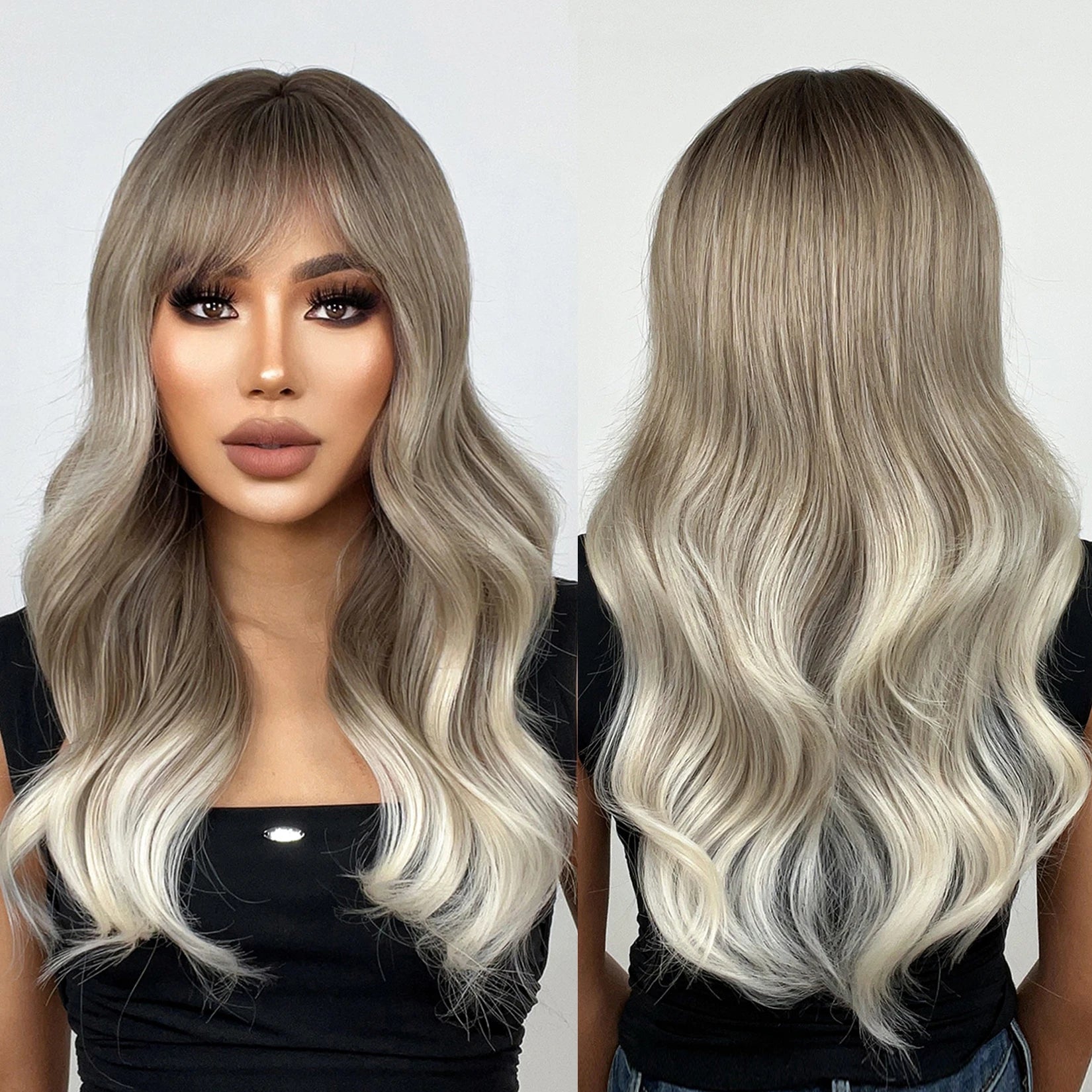 Factory Wholesale Price Long Wavy Ombre Brown Gray White Synthetic Wig Natural Wave Hair Wig for Women Heat Resistant