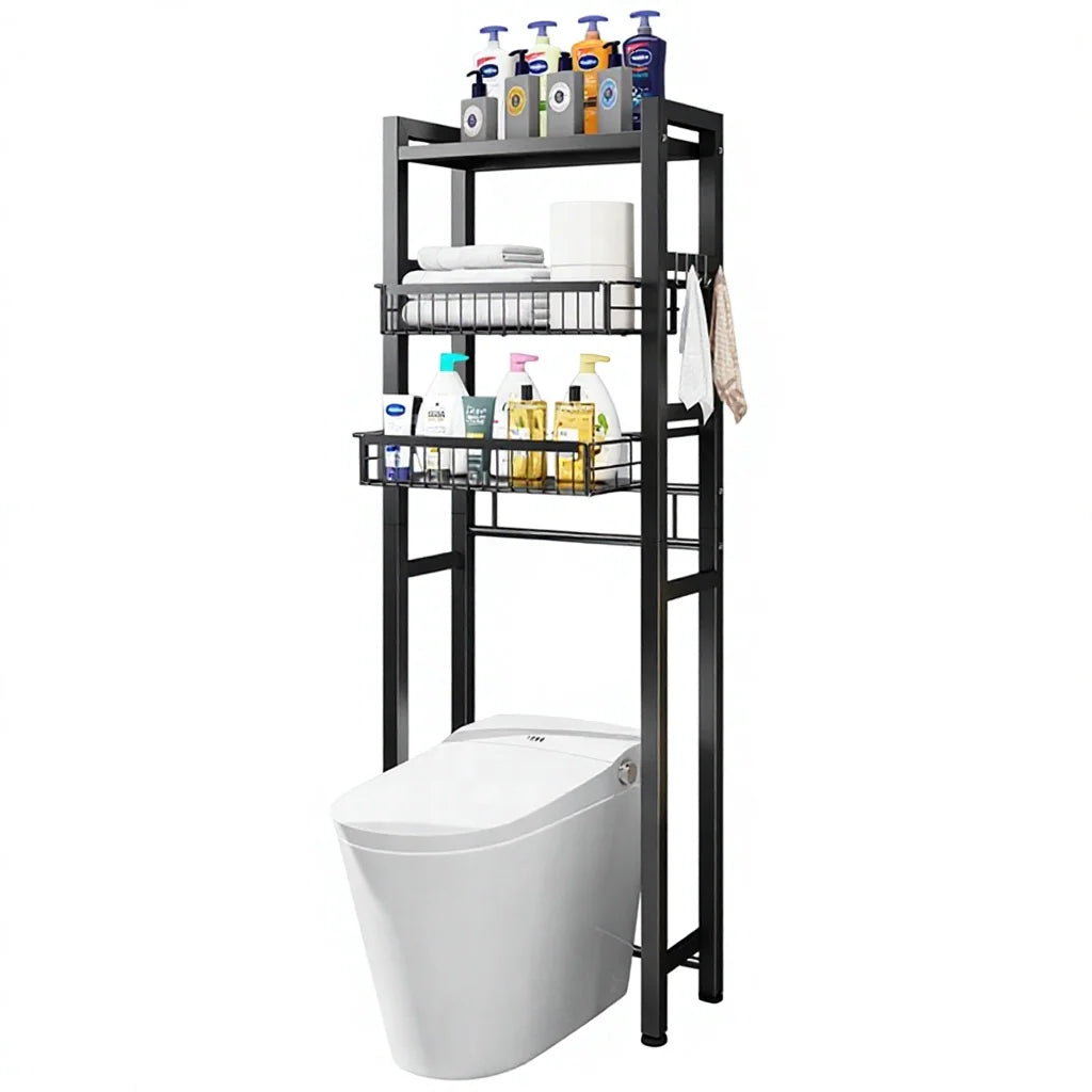 Home Toilet Holder Towel Bars Storage Iron Rack Metal 3-Tier Eco-Friendly Folding Bathroom Organizer Shelf Paper Holder 3 Hooks