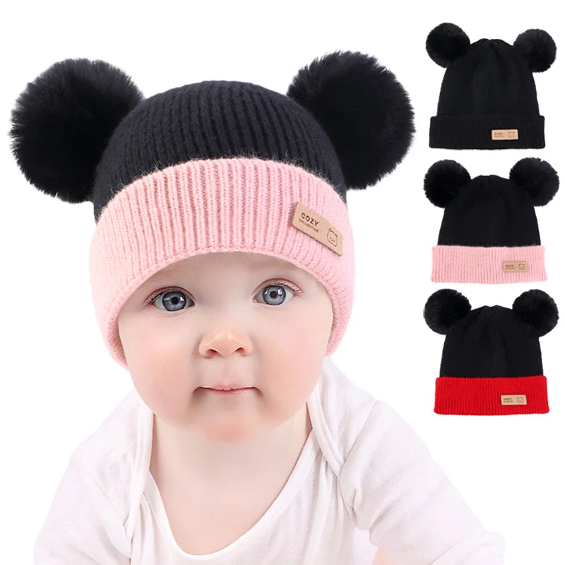 Wholesale Custom Cute Winter Double Pom Beanie Hat 1-3 Years Old Warm Knitted Fleece Lining Slouchy Boy Cap Acrylic Hat for Kid