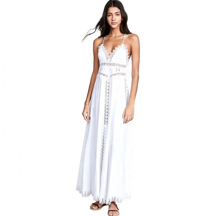 Casual Summer A-Line White Maxi Dress with V-Neck Lace Plus Size Natural Waist Breathable Quick Dry Poplin for Beach
