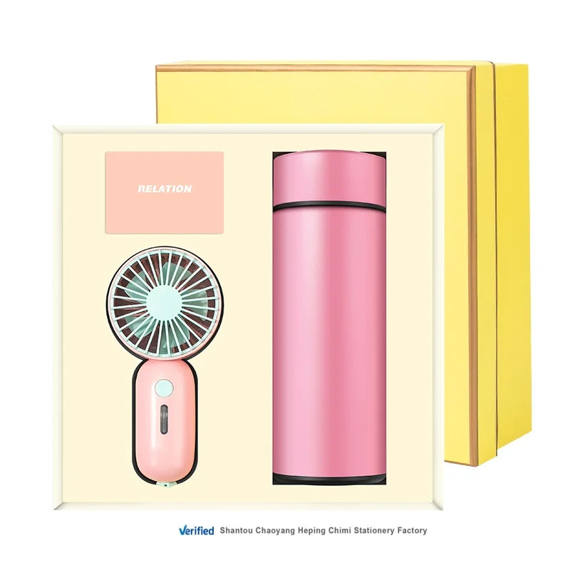 2 in 1 Mini Fan and Cable Box Vacuum Bottle Gift Set Customized Personal Gifts for Employees