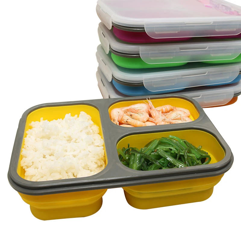 3 Compartment Silicone Bento Lunch Box Container Foldable Bento Portable Lunch Box Set Durable Silicon for Kids AI ARMADA 2pcs