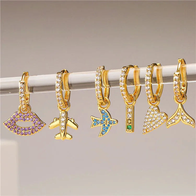 EC1927 Dainty 18k Gold Plated CZ Micro Pave Bird Lip Airplane Heart Fish Tail Charm Huggies Hoops Earring