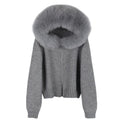 OFTBUY Ladies Elegant Crocheted Coat Winter Long Sleeves Sweater Real Fox Fur Collar Zipper Breathable for Spring Casual Short