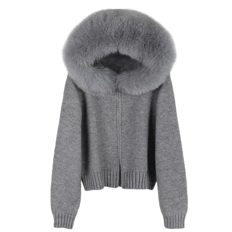 OFTBUY Ladies Elegant Crocheted Coat Winter Long Sleeves Sweater Real Fox Fur Collar Zipper Breathable for Spring Casual Short