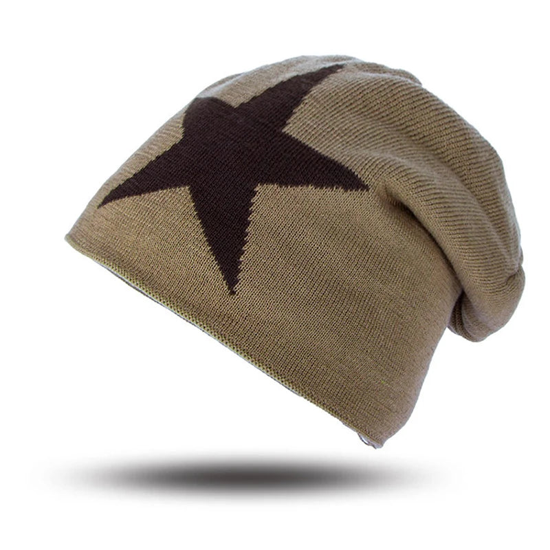 Men Big Five Pointed Star Pattern Jacquard Knit Slouchy Beanie Ski Winter Hat