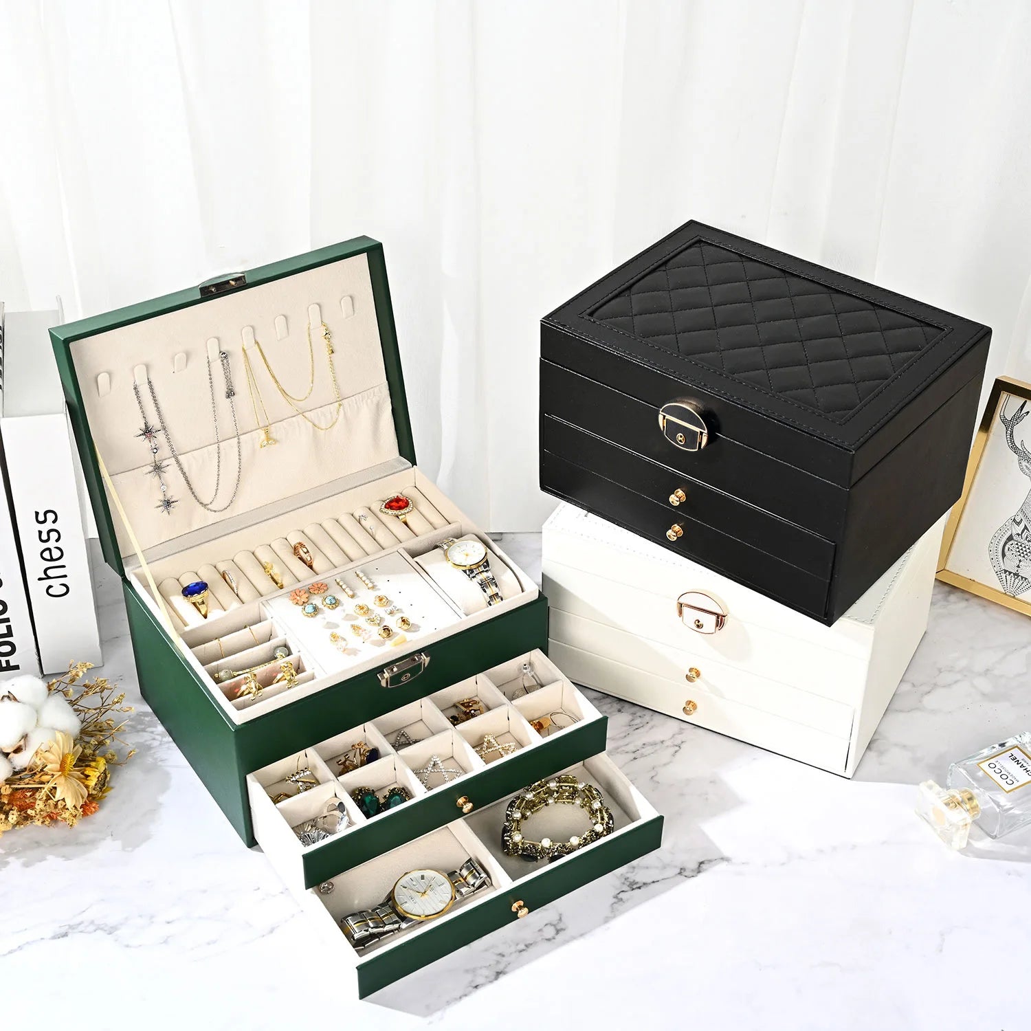 Luxury Retro Green PU Leather Three-Layer Rhombus Pattern Jewelry Organizer Vintage Style Gift Storage Box for Girls