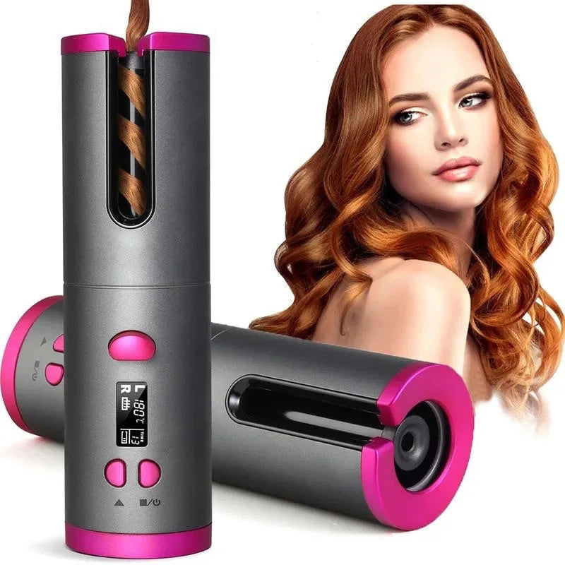 Portable Rechargeable Auto-Rotating Hair Curler Wireless LED Temperature Display Auto Curling Irons