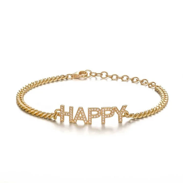 Ruyi 14K Gold Happy Letters Bracelets Lab Diamond Fine Bangle Jewelry for Women Friendly Gift