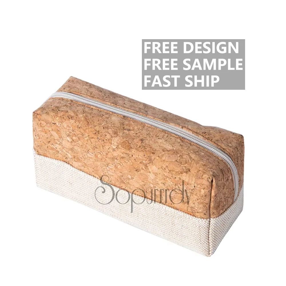 Custom Logo Eco Friendly Organic Cotton Canvas Zipper Packaging Pouch Natural Recycled RPET Linen Cork Makeup Cosmetic Bag